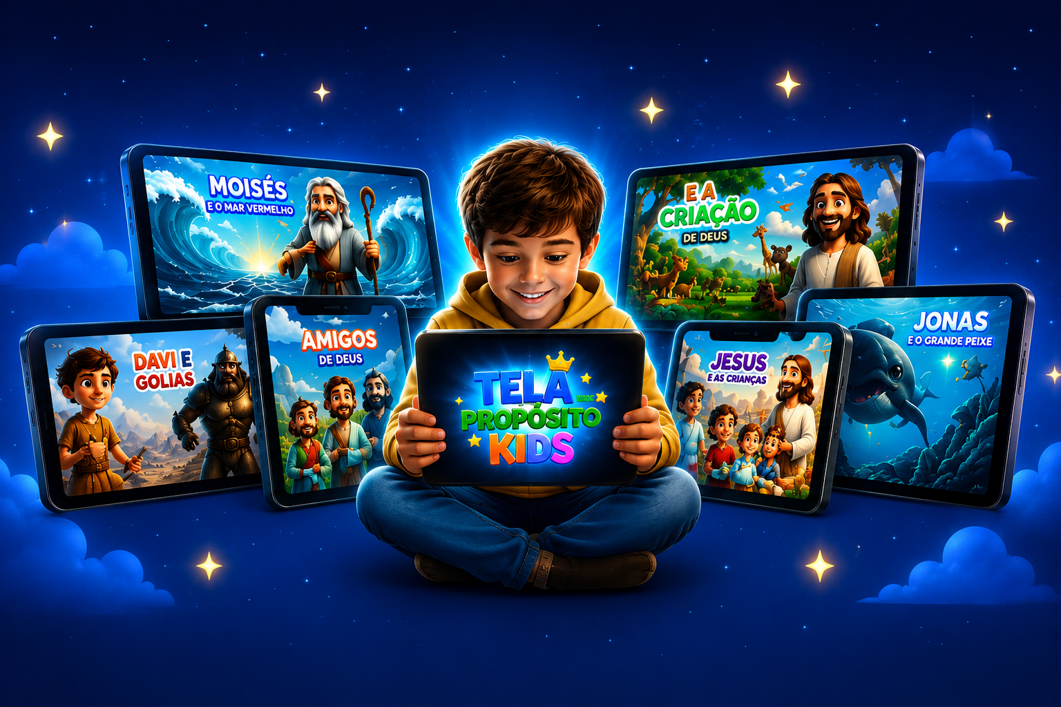 Tela com Propósito Kids - Menino com Tablets